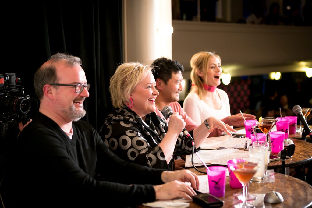 Speed Rack NW Season 6 Judges: From Left: Paul Clarke, Kathy Casey, Tan Vinh and Charlotte Voicey. Photo Credit: Ninethirty, Seattle WA.